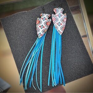Wind Talker Lucky T Bohemian Turquoise Blue Print & Rhinestone Fringe Earrings